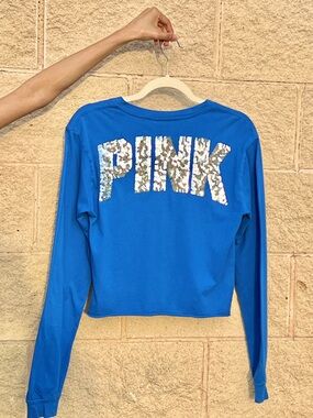 PINK Victoria’s Secret Blue Crop Top Silver Sequin Logo Front & Back XS